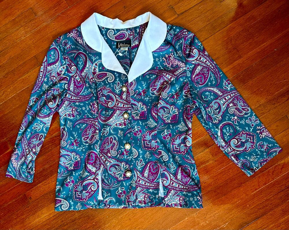 Vintage 80s Whirlaway Frocks Jewel Teal Maroon Paisley White Collar Blouse Large